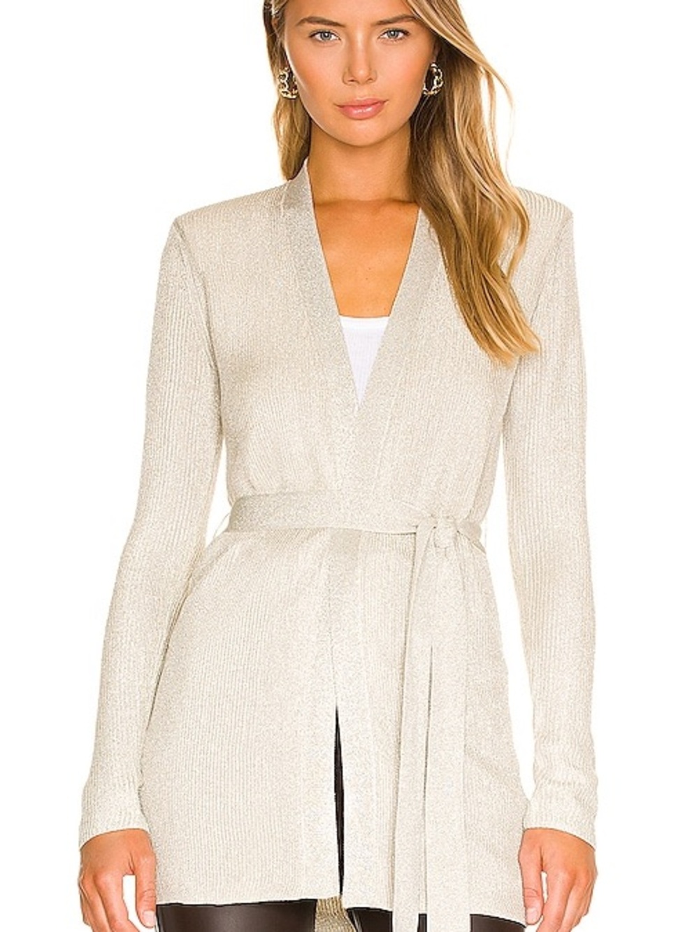 L'AGENCE Rhea Metallic Cream Ribbed Open Cardigan